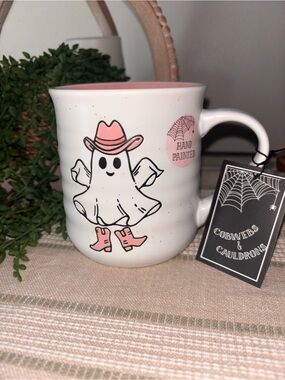 Hand-Painted Pink Ghost Cowboy Ceramic Mug